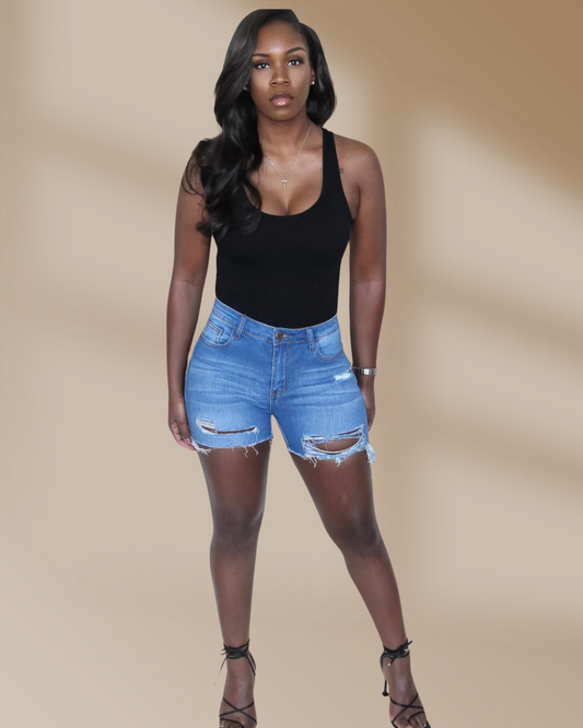 HIGH WAISTED LONGLINE DENIM SHORTS